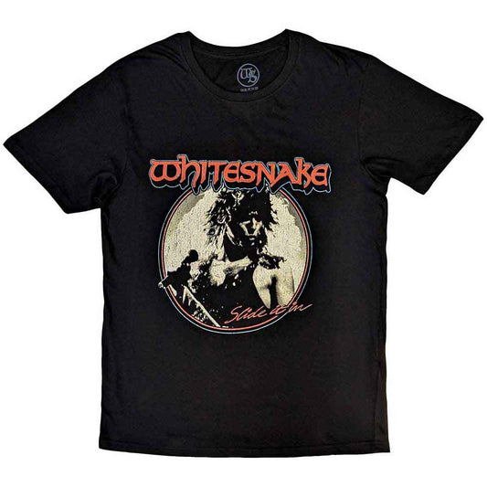 Black unisex t-shirt featuring the Whitesnake Slide It In album cover graphic on front.