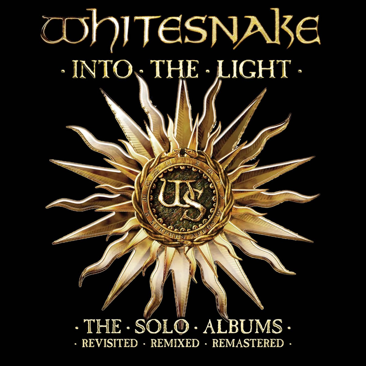 Whitesnake album cover: black background with gold sunburst and snake imagery.