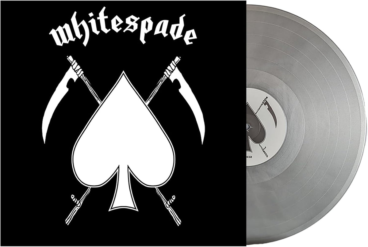 Whitespade silver vinyl record with spade and scythe imagery on cover.