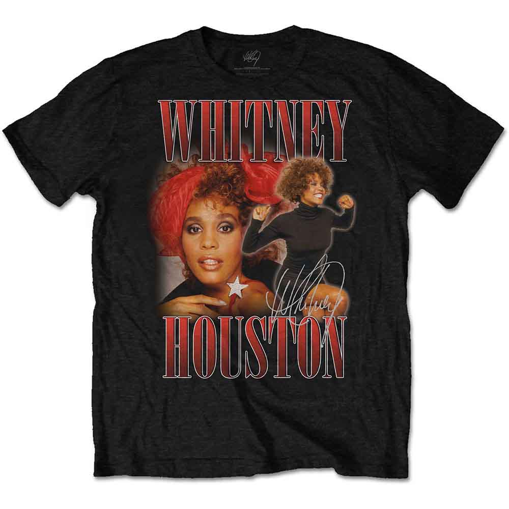 Black t-shirt with a red and white graphic of Whitney Houston.