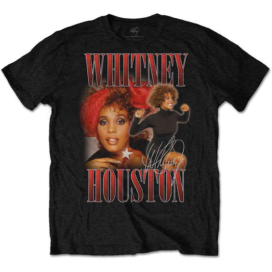 Black t-shirt with a red and white graphic of Whitney Houston.