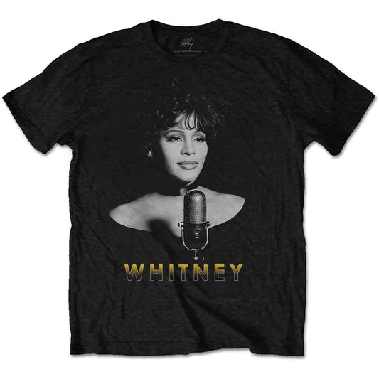 Black t-shirt with a black and white photo of Whitney Houston singing.