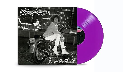 Whitney Houston album cover and violet vinyl record shown side-by-side.
