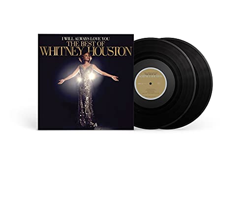 Whitney Houston vinyl album cover and two black vinyl records on a white background.