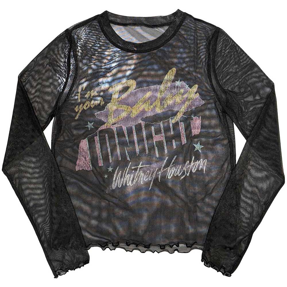 Long sleeve mesh t-shirt featuring Whitney Houston’s image and “I’m Your Baby” text.