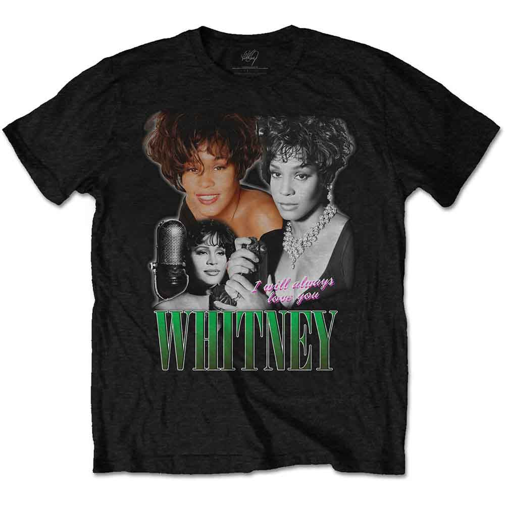 Black t-shirt with a portrait collage of Whitney Houston.