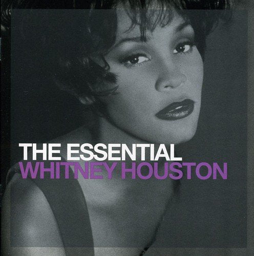 Black and white portrait of Whitney Houston with purple text overlay.