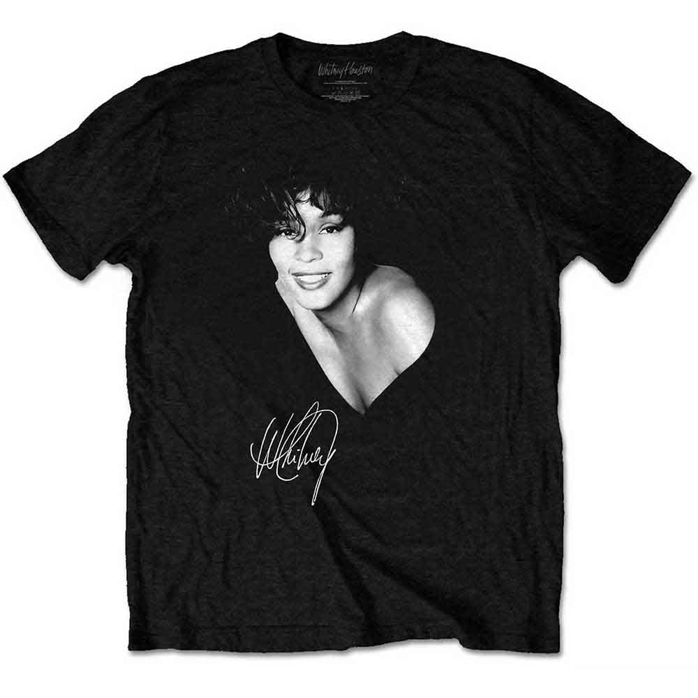 Black and white photo of Whitney Houston on a medium unisex t-shirt.