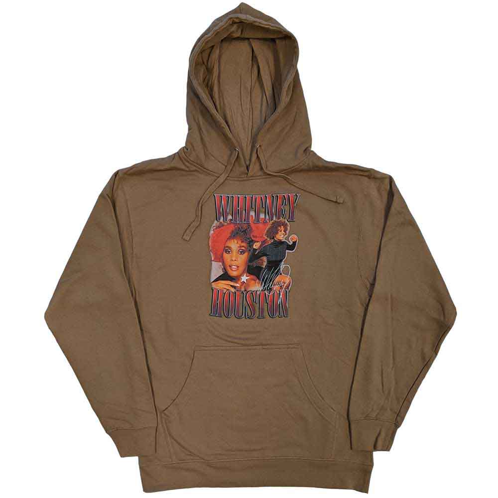 Black unisex pullover hoodie featuring a graphic print of Whitney Houston in 90s style.