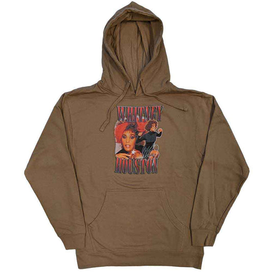 Black unisex pullover hoodie featuring a graphic print of Whitney Houston in 90s style.