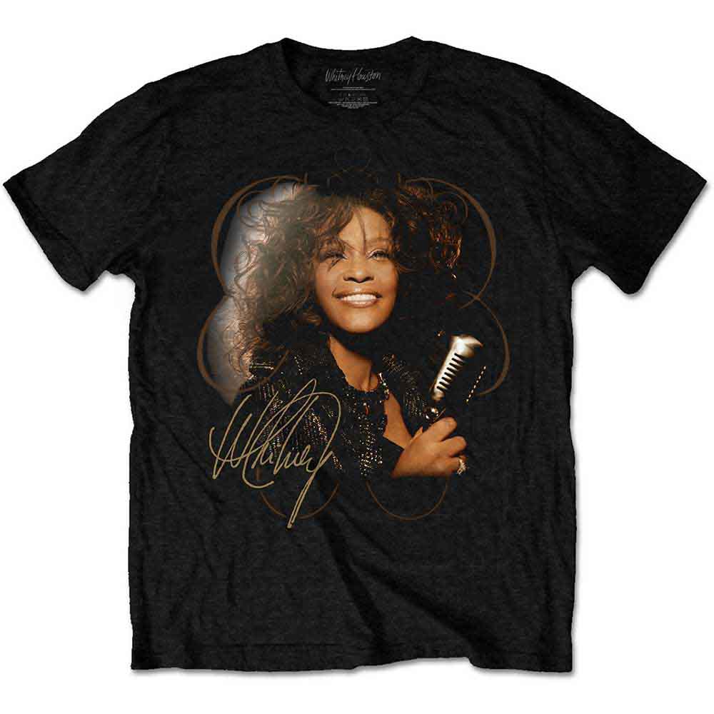 A black unisex t-shirt featuring a vintage photographic print of Whitney Houston with a microphone.