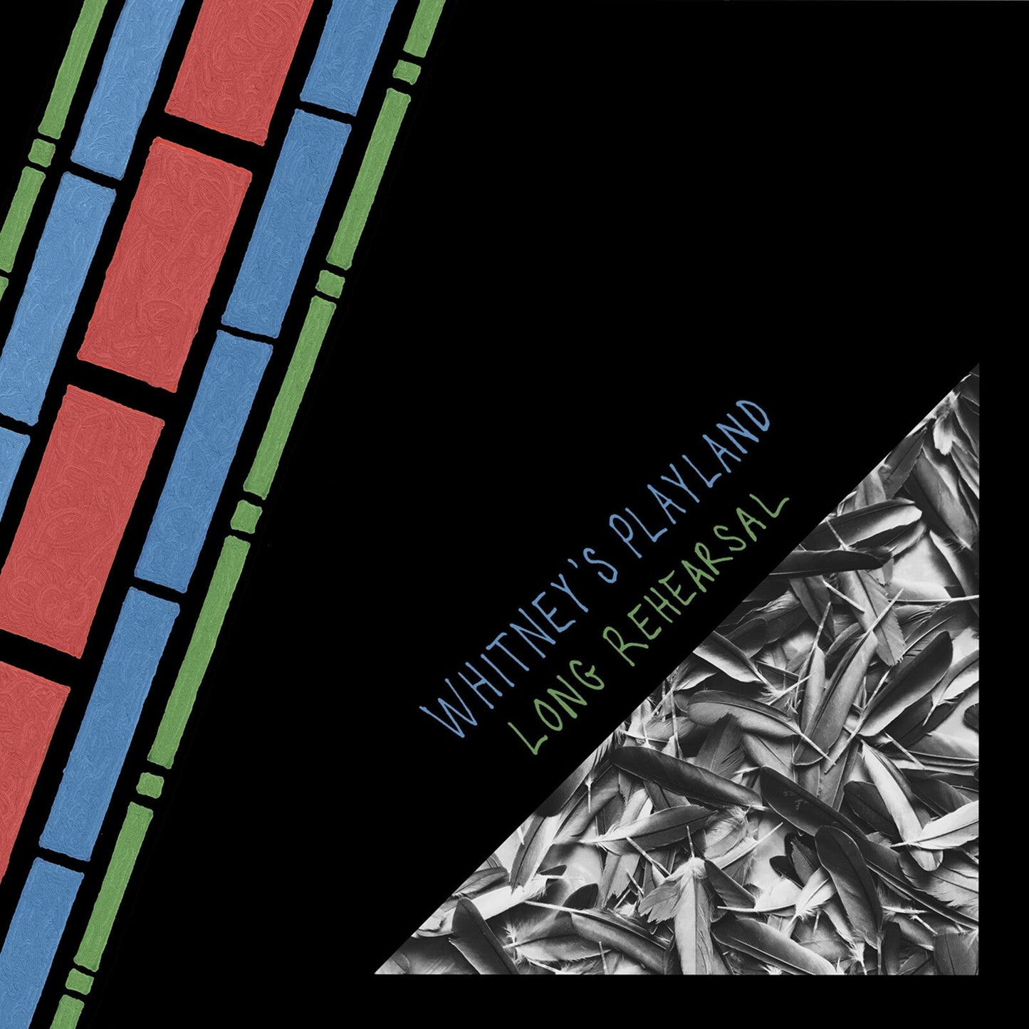 Album cover with a black background, colorful geometric border, and a pile of feathers.