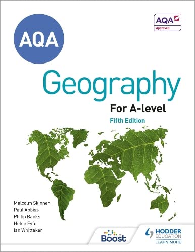 A-level Geography textbook cover with a green leaf world map.