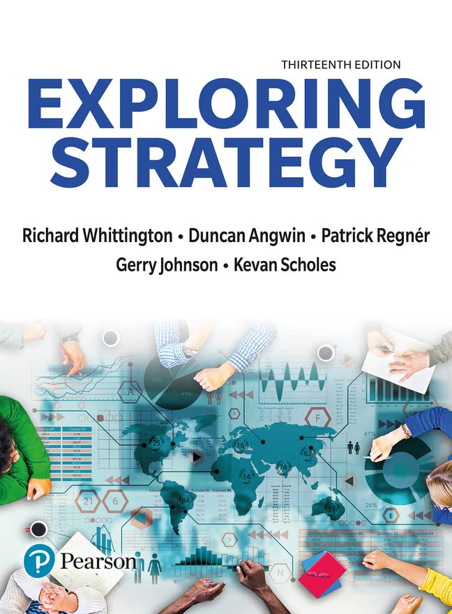 Book cover for "Exploring Strategy," thirteenth edition, with business imagery.