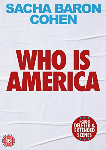 DVD case for "Who is America?" with red and blue text on a white background.