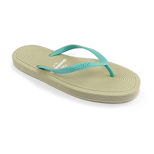 Tan flip-flop with teal thong, angled on a white background.