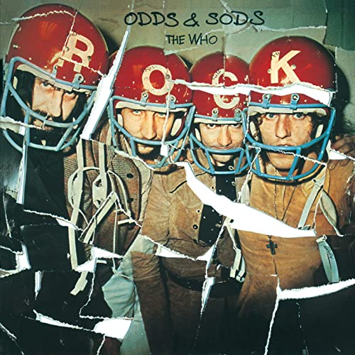 The four members of The Who wearing red football helmets on a torn album cover.
