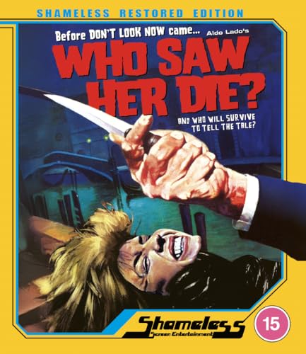 Blu-ray cover for “Who Saw Her Die?” featuring a hand holding a knife.