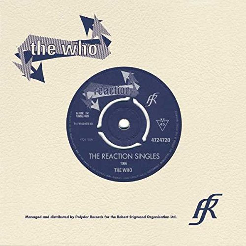 Record label for “The Reaction Singles” by The Who, with blue and white design.