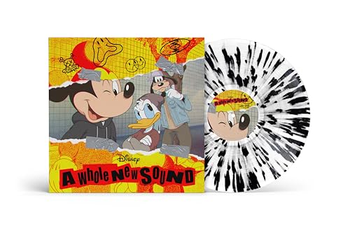 Disney vinyl record featuring Mickey, Donald, and Goofy with marbled record.