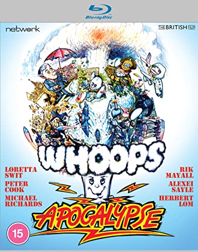 Whoops Apocalypse" Blu-ray cover with cartoonish, chaotic imagery and cast names.