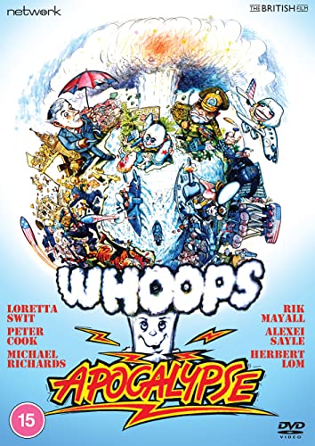 DVD cover for "Whoops Apocalypse" featuring cartoonish figures amid chaos.