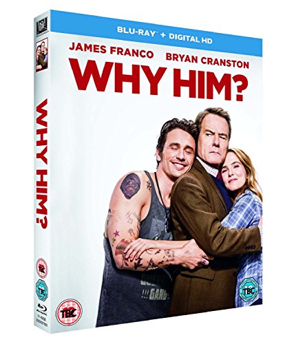 "Blu-ray case with three actors on the cover, titled 'Why Him?' in red."