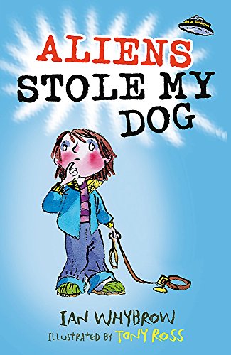 Book cover: sad child with a dog leash, UFO above, colorful illustration.