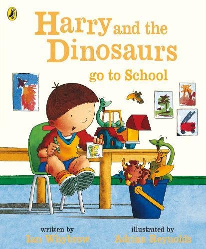 "Children's book cover featuring a boy with dinosaurs in a bucket, titled 'Harry and the Dinosaurs go to School'."