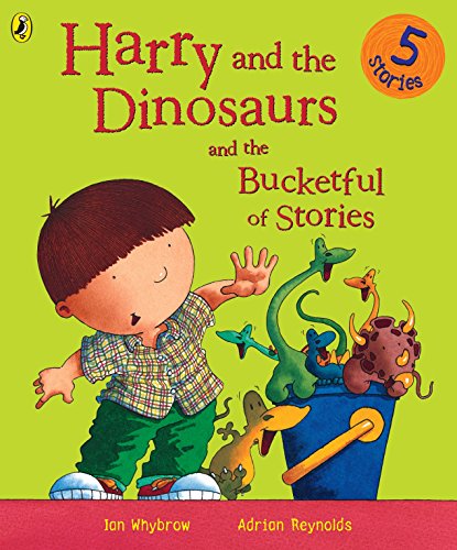 Book cover: boy with dinosaurs and a blue bucket, colorful illustration.
