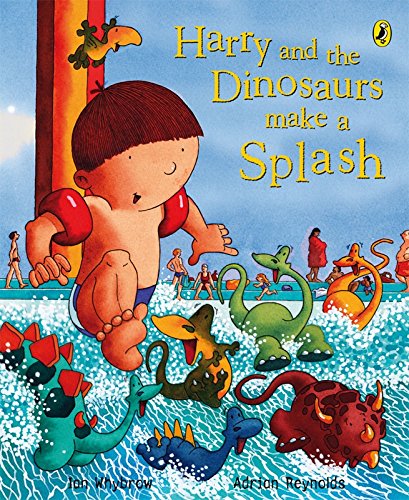 A boy with armbands jumps into a pool surrounded by colorful toy dinosaurs.
