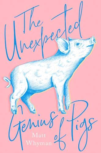 Book cover with a blue-toned illustration of a pig on a pink background.