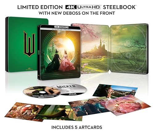 Wicked 4K UHD steelbook set with two discs and five collectible art cards.