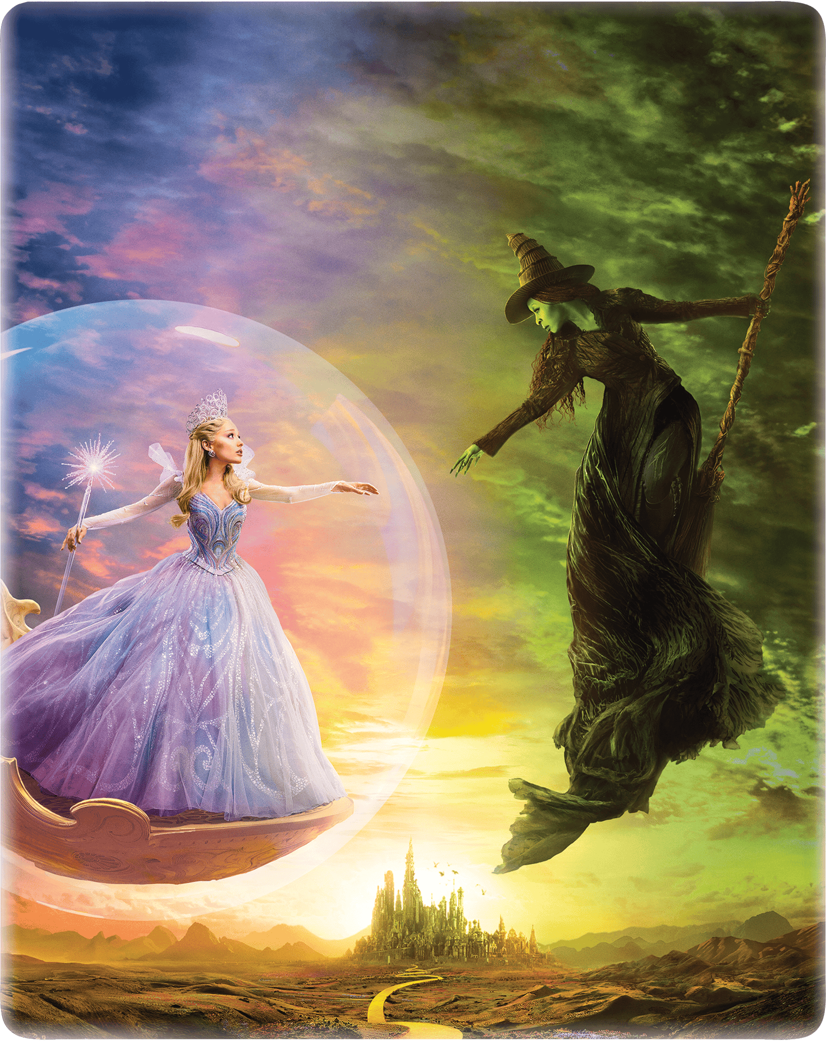 “Wicked” movie Steelbook cover featuring Glinda and the Wicked Witch of the West.
