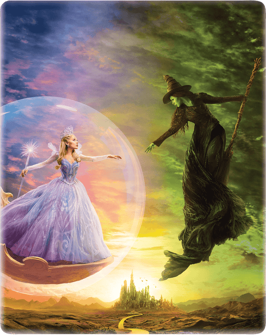 “Wicked” movie Steelbook cover featuring Glinda and the Wicked Witch of the West.