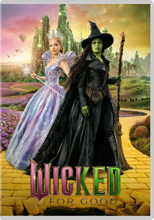 Glinda and Elphaba stand on a yellow brick road before the Emerald City.