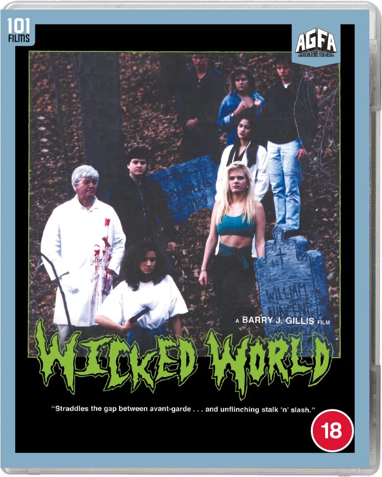 Wicked World" Blu-ray cover featuring a horror scene with figures in a graveyard.