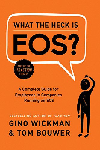Book cover with speech bubble, title "What the Heck Is EOS?", and stick figure.