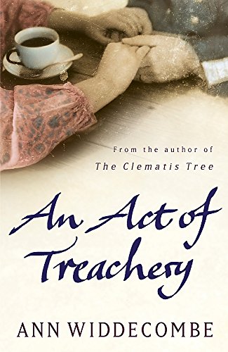 Book cover: two pairs of hands clasped, coffee cup, title “An Act of Treachery.”