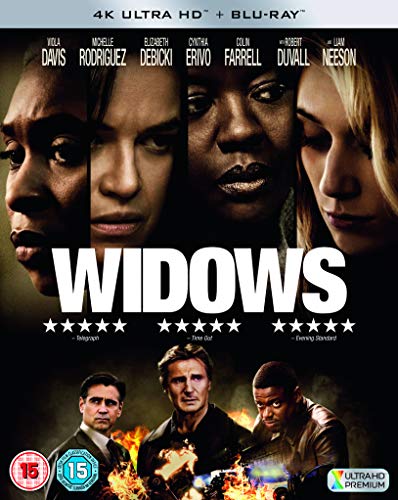 "Blu-ray case for 'Widows' with close-ups of actors' faces and dramatic scene below."