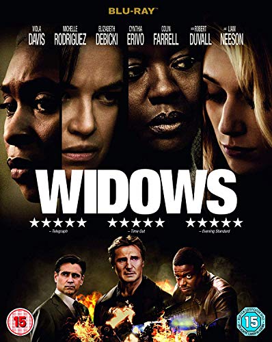 Widows" Blu-ray cover featuring portraits of Viola Davis, Michelle Rodriguez, and others.