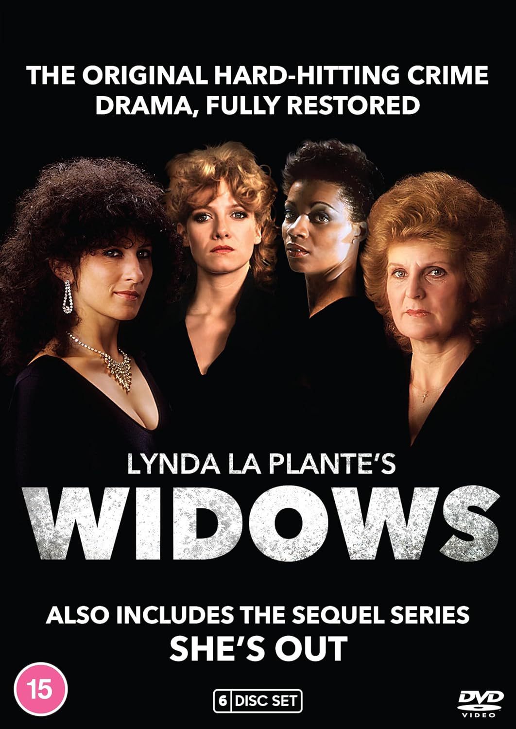 “Widows” DVD cover featuring four women in a portrait, text overlay.