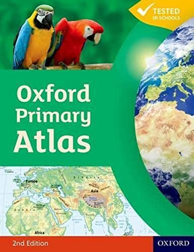 Oxford Primary Atlas cover with parrots, Earth, and world map.