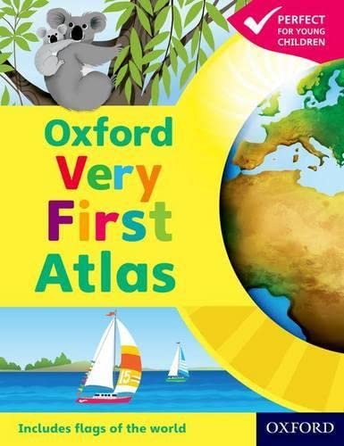 Children’s atlas cover with koalas, a globe, and sailboats.