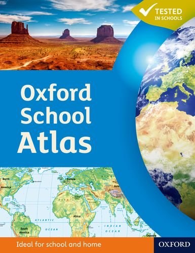 "Oxford School Atlas book cover featuring a globe and map with desert landscape."