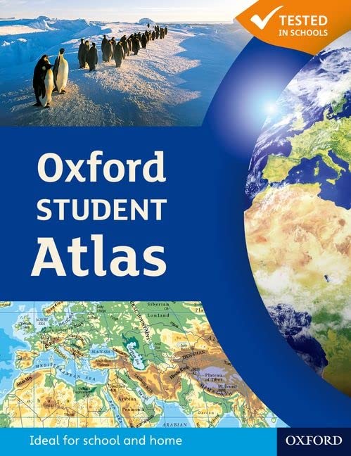 Oxford Student Atlas 2012 cover with penguins, Earth, and map details.