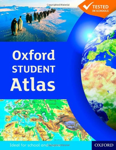 "Oxford Student Atlas cover featuring a globe, map, and penguins on a blue background."