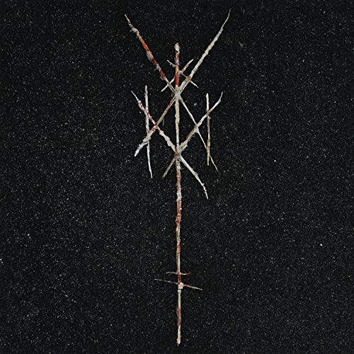 Black album cover with a textured, abstract white and red symbol.