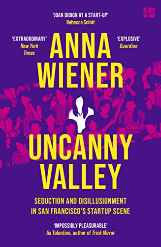 Book cover for "Uncanny Valley" with bold yellow text on a purple background.