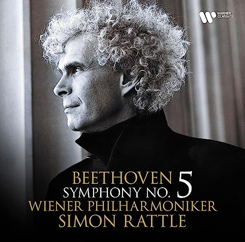 Sir Simon Rattle portrait, Beethoven Symphony No. 5 vinyl record cover.